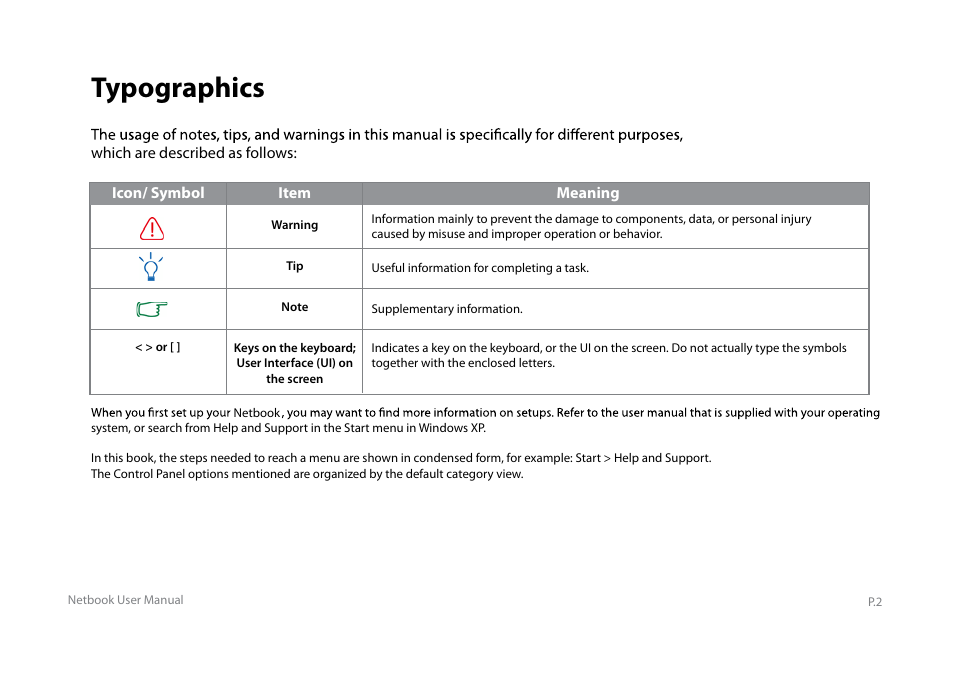 Y book series manual_e_4, Typographics | Elitegroup Y10PT0 / Y11PT0 User Manual | Page 4 / 37