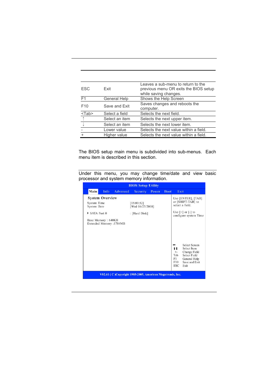 Bios action keys, Modifying the bios settings, Main setup | Elitegroup G10IL1 User Manual | Page 47 / 76