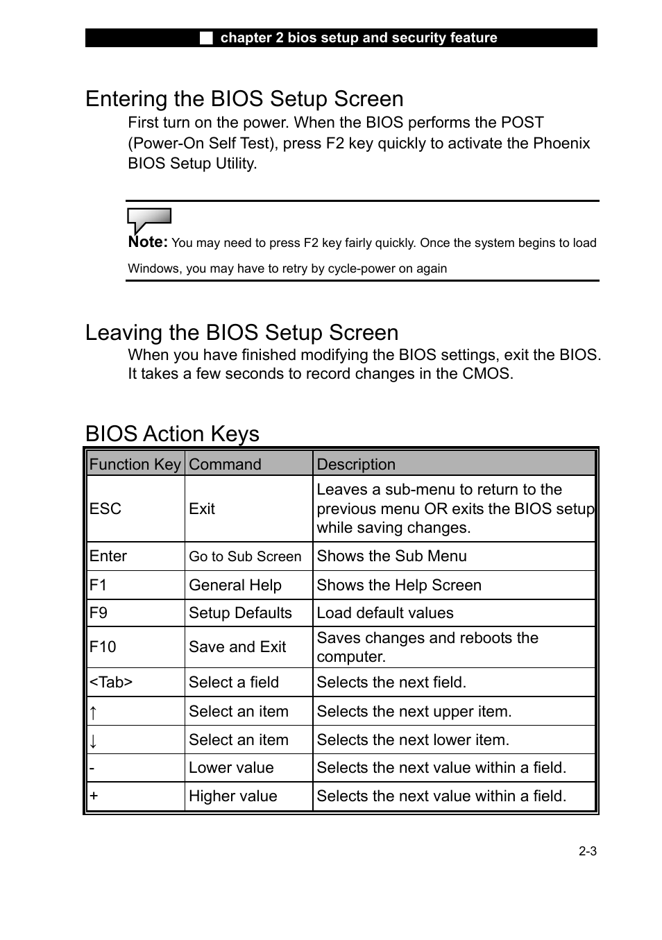 Entering the bios setup screen, Leaving the bios setup screen, Bios action keys | Elitegroup L51RI v.2 User Manual | Page 3 / 11