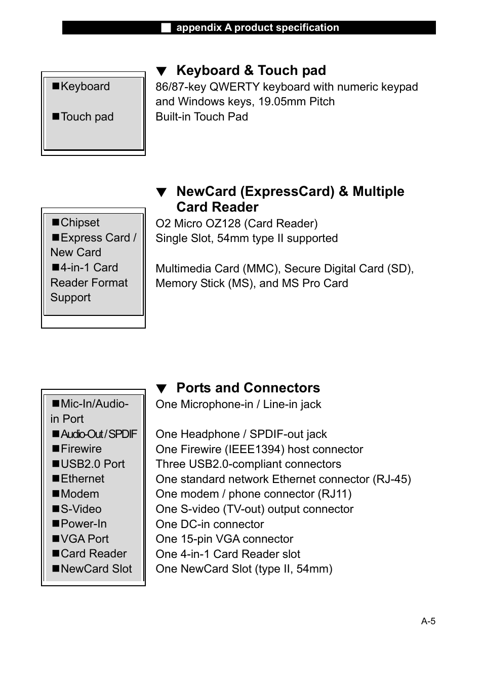 Keyboard & touch pad, Newcard (expresscard) & multiple card reader, Ports and connectors | Elitegroup L51RI v.6 User Manual | Page 5 / 7