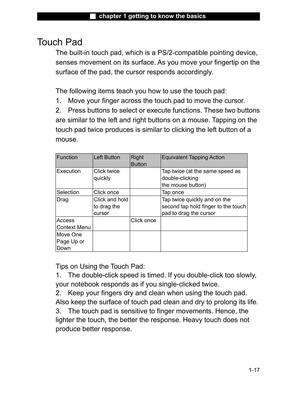 Execution, Selection, Drag | Touch pad | Elitegroup L51AI v.1 User Manual | Page 17 / 31