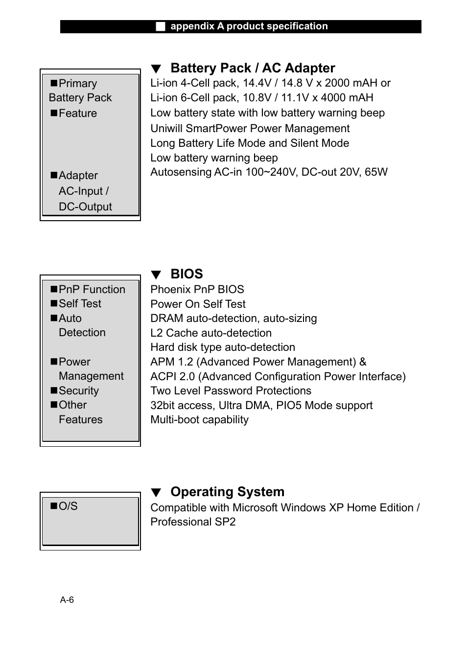 Battery pack / ac adapter, Bios, Operating system | Elitegroup L51AI v.6 User Manual | Page 6 / 7