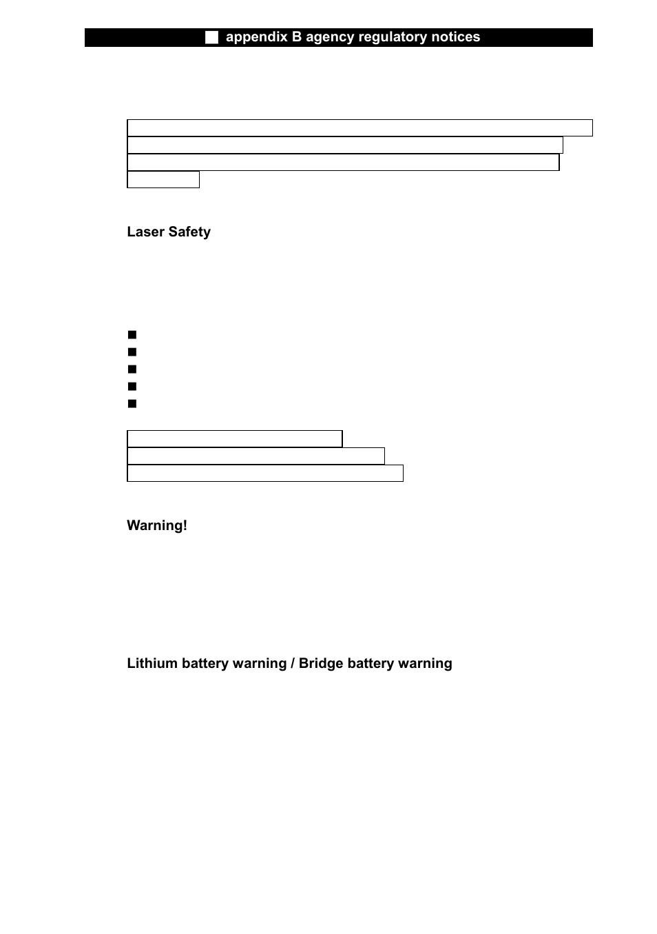 Laser safety, Warning, Lithium battery warning / bridge battery warning | Elitegroup L51AI v.7 User Manual | Page 7 / 8