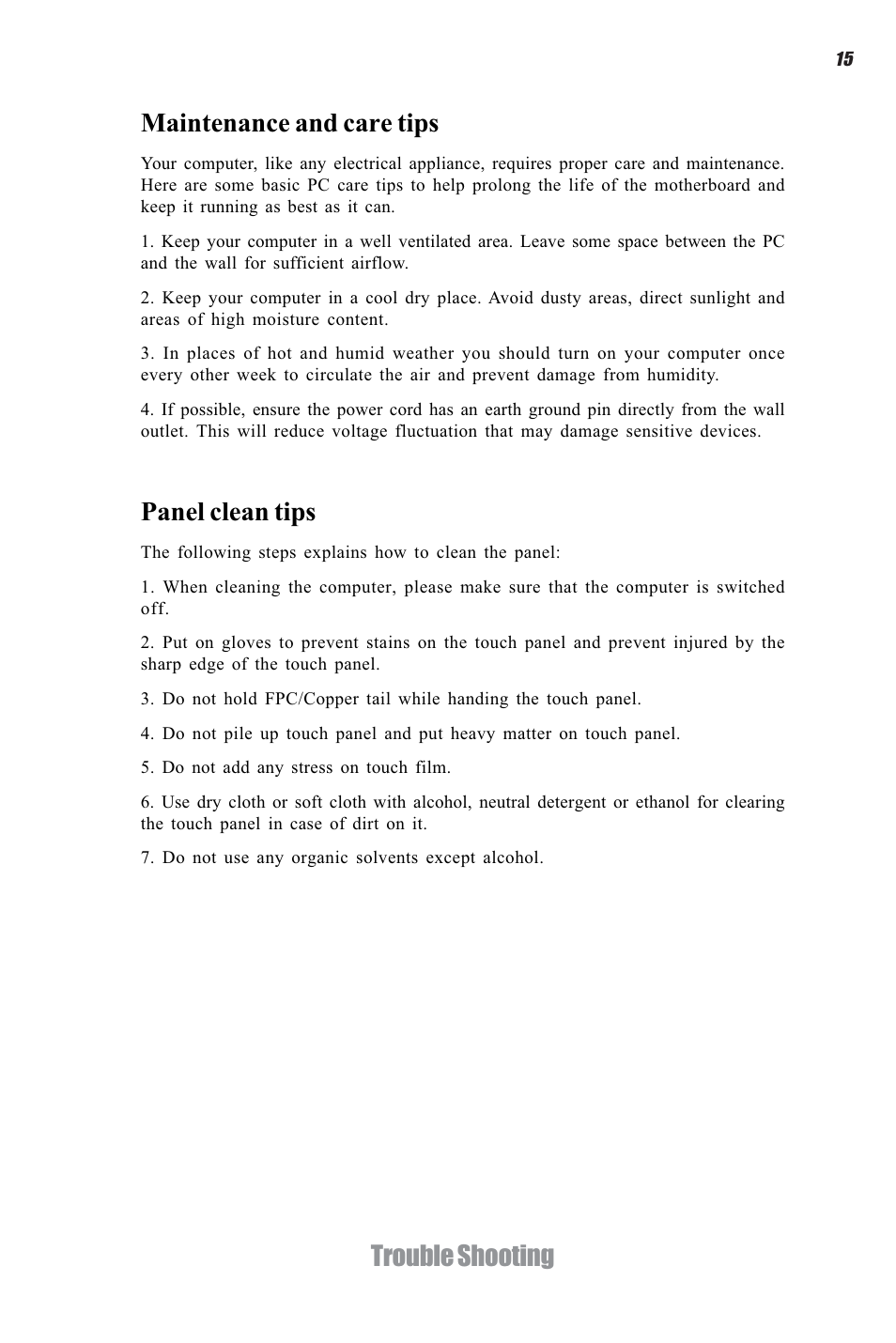 Trouble shooting maintenance and care tips, Panel clean tips | Elitegroup G11 ID4 System User Manual | Page 21 / 22