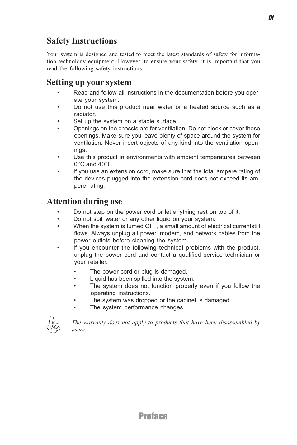 Preface, Safety instructions, Setting up your system | Attention during use | Elitegroup G11 ID4 System User Manual | Page 3 / 22