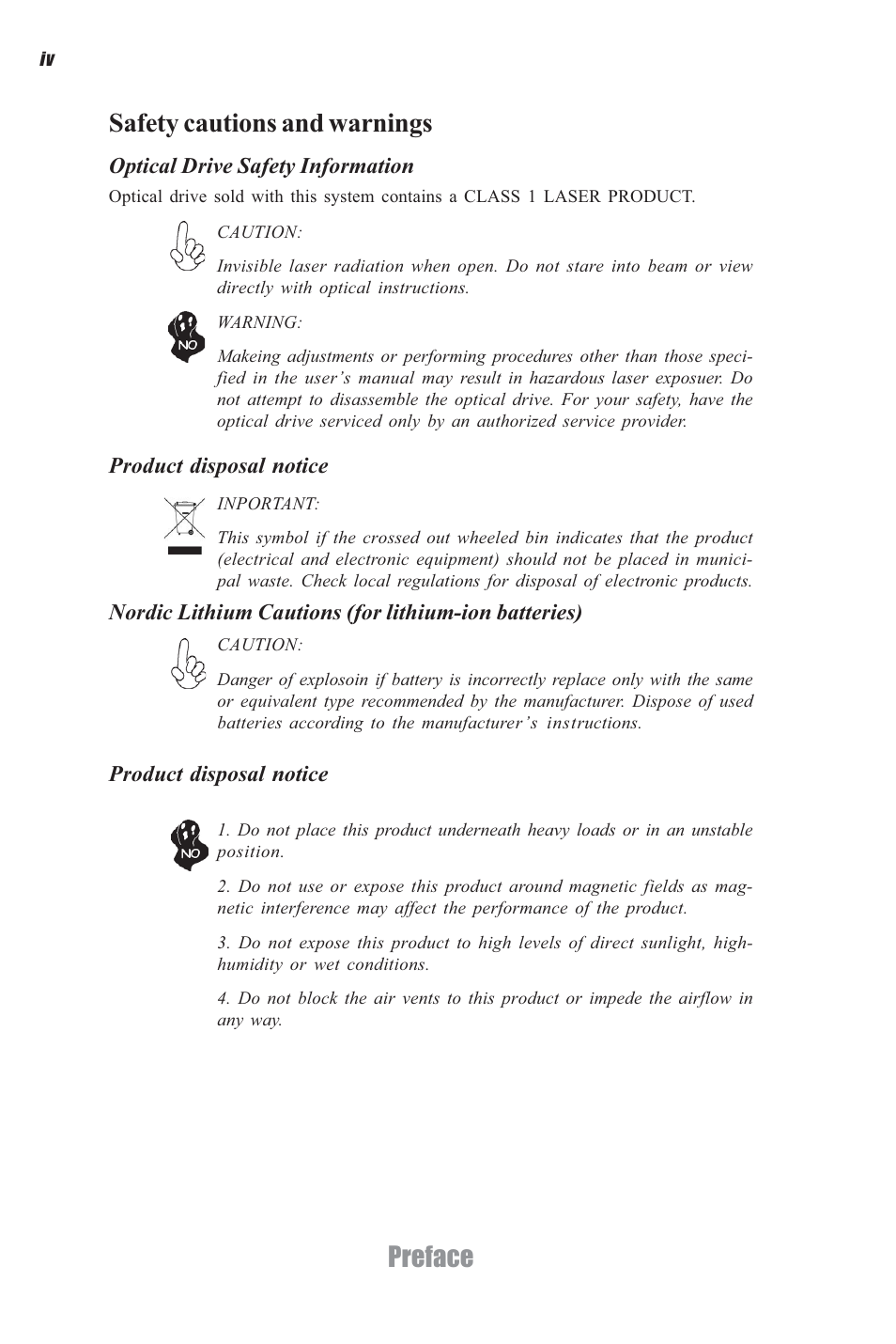 Preface safety cautions and warnings | Elitegroup G11 ID4 System User Manual | Page 4 / 22