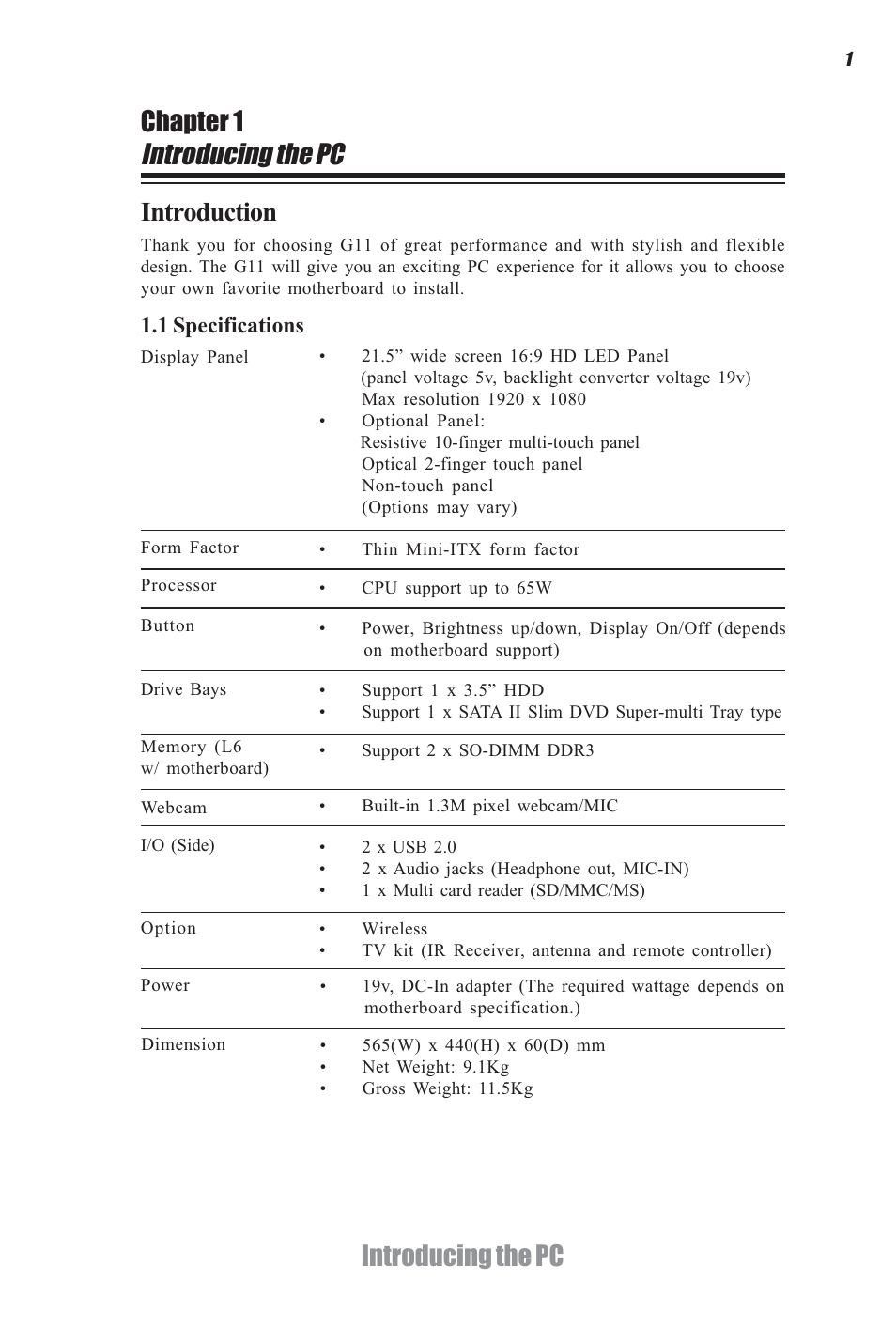 Introducing the pc, Introducing the pc chapter 1, Introduction | Elitegroup G11 ID4 System User Manual | Page 7 / 22