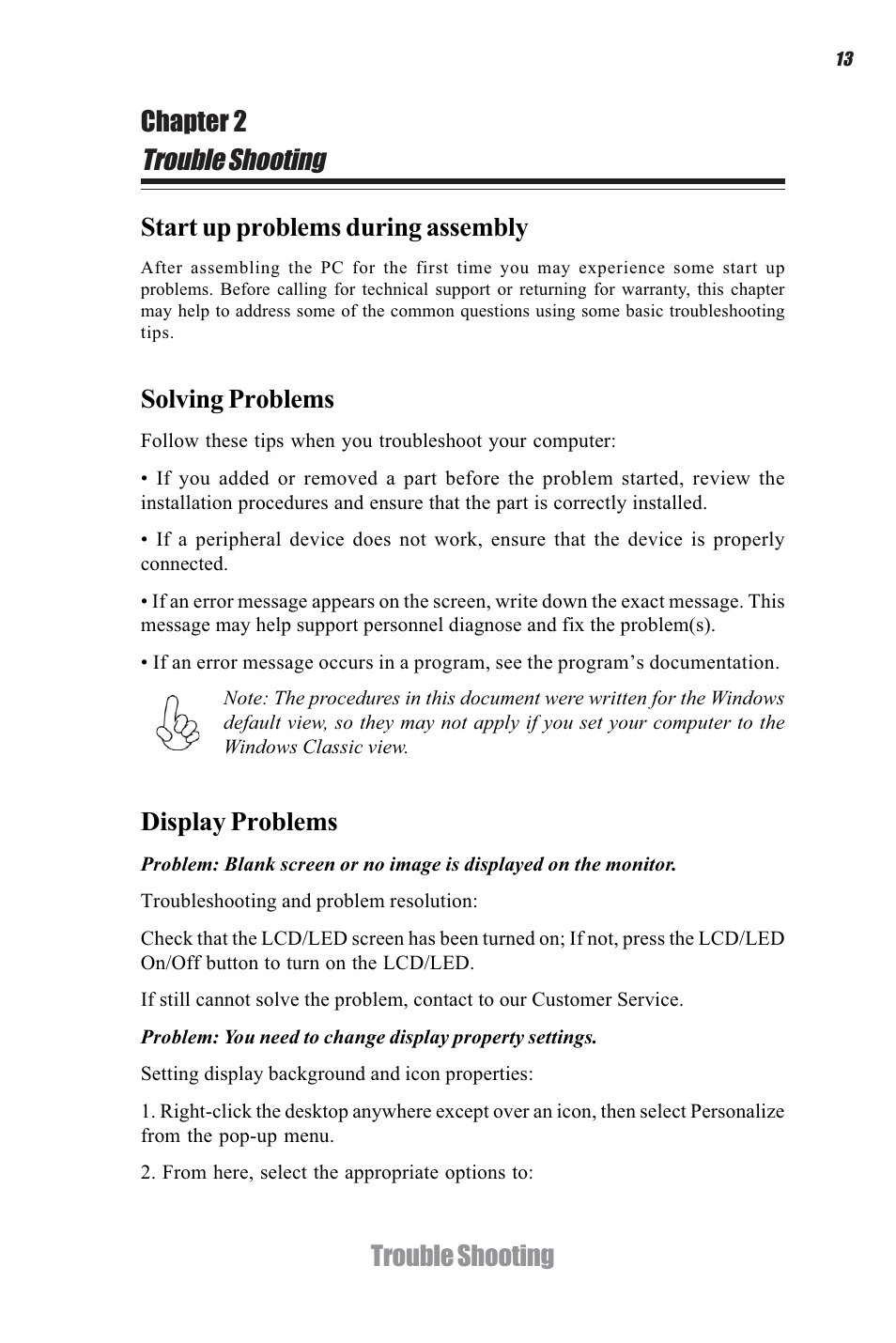 Trouble shooting, Trouble shooting chapter 2, Start up problems during assembly | Solving problems, Display problems | Elitegroup G11 ID2 System User Manual | Page 19 / 22