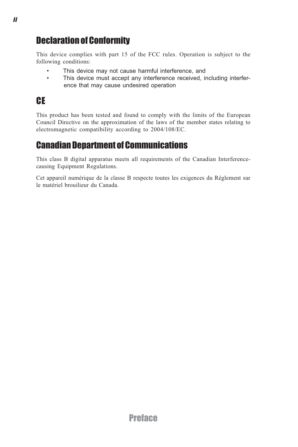 Preface canadian department of communications, Declaration of conformity | Elitegroup G11 ID2 System User Manual | Page 2 / 22