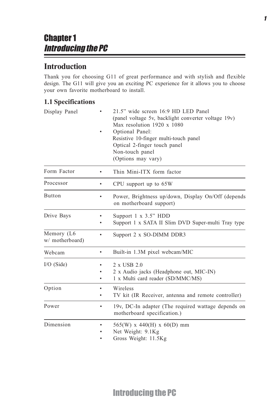 Introducing the pc, Introducing the pc chapter 1, Introduction | Elitegroup G11 ID2 System User Manual | Page 7 / 22