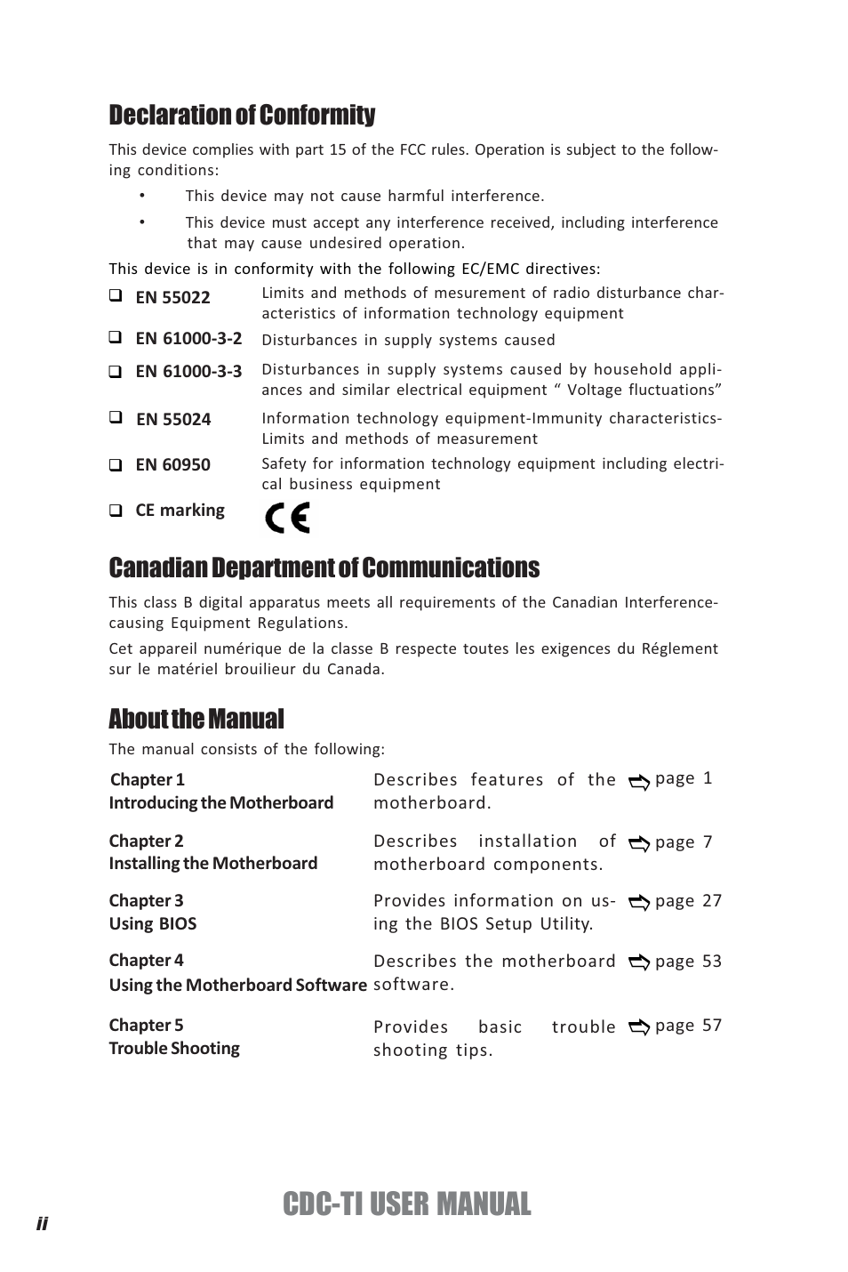 Cdc-ti user manual, Declaration of conformity, Canadian department of communications | About the manual | Elitegroup CDC-TI (V1.0A) User Manual | Page 2 / 64