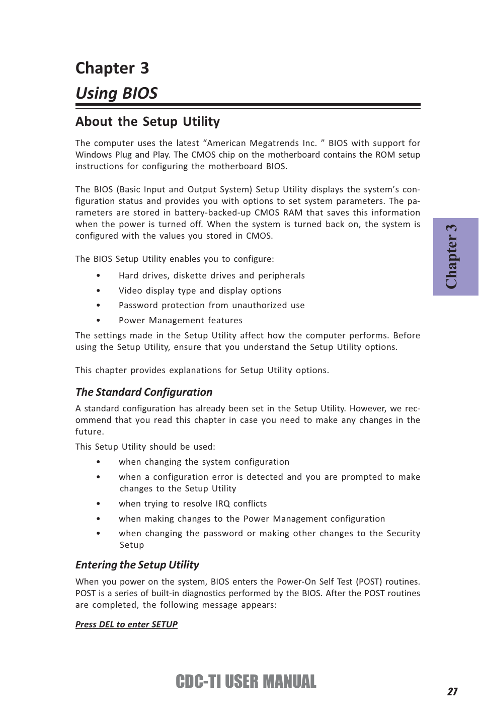 Chapter 3 using bios, Cdc-ti user manual, Chapter 3 | About the setup utility | Elitegroup CDC-TI (V1.0A) User Manual | Page 31 / 64