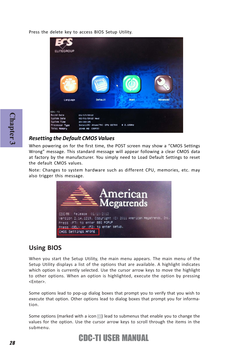 Cdc-ti user manual, Chapter 3, Using bios | Elitegroup CDC-TI (V1.0A) User Manual | Page 32 / 64