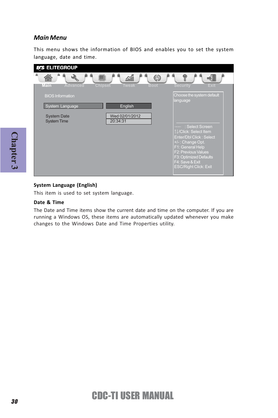 Cdc-ti user manual, Chapter 3, Main menu | Elitegroup CDC-TI (V1.0A) User Manual | Page 34 / 64