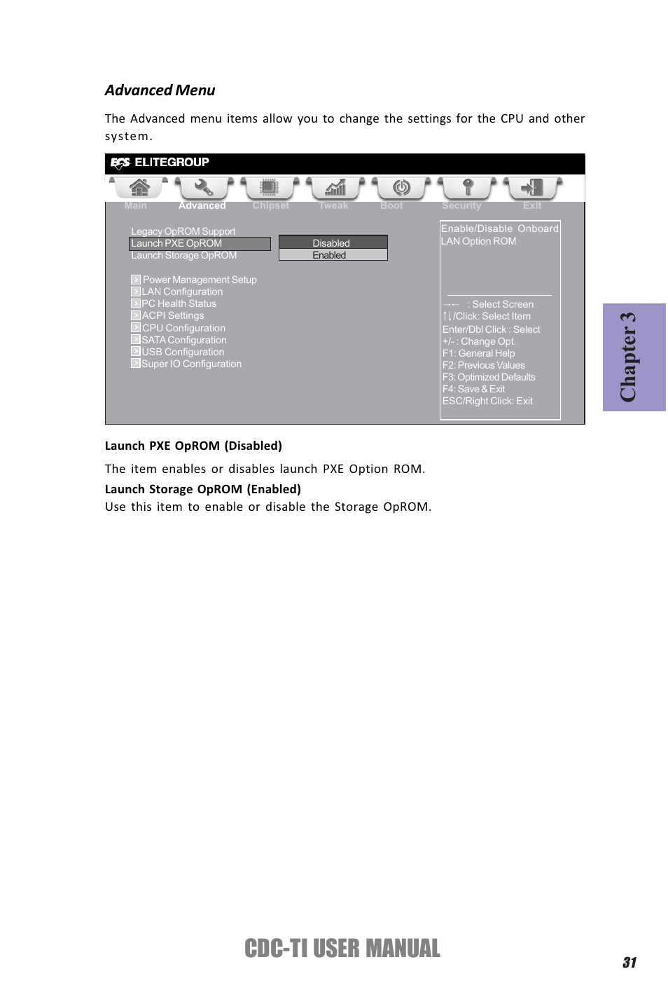 Cdc-ti user manual, Chapter 3, Advanced menu | Elitegroup CDC-TI (V1.0A) User Manual | Page 35 / 64