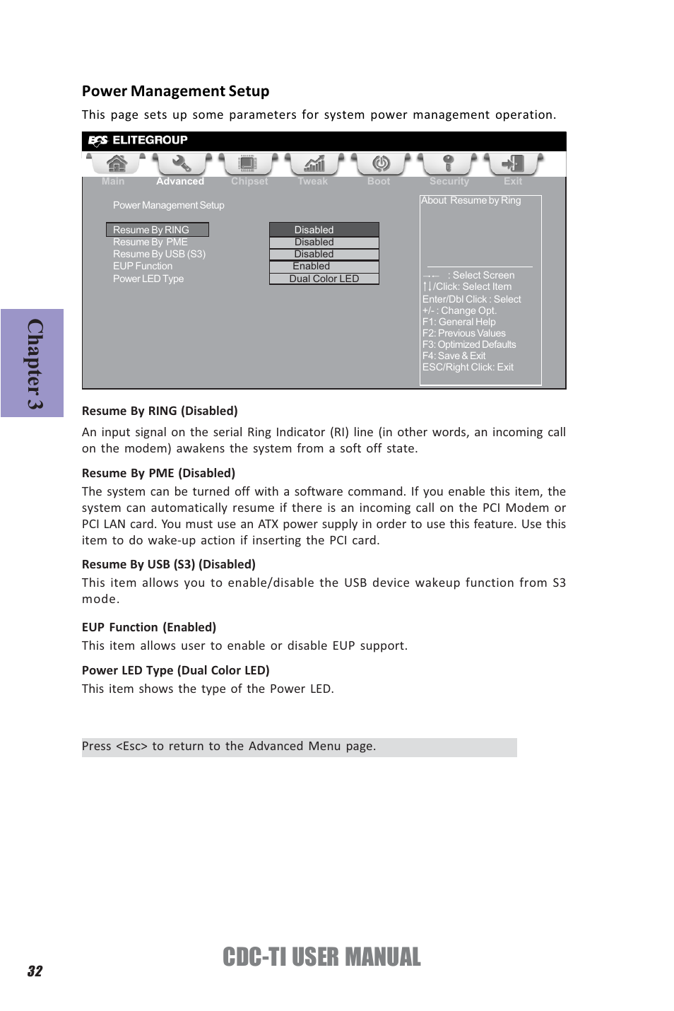 Cdc-ti user manual, Chapter 3, Power management setup | Elitegroup CDC-TI (V1.0A) User Manual | Page 36 / 64