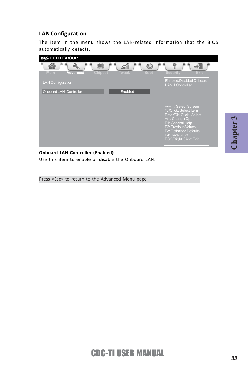 Cdc-ti user manual, Chapter 3, Lan configuration | Elitegroup CDC-TI (V1.0A) User Manual | Page 37 / 64