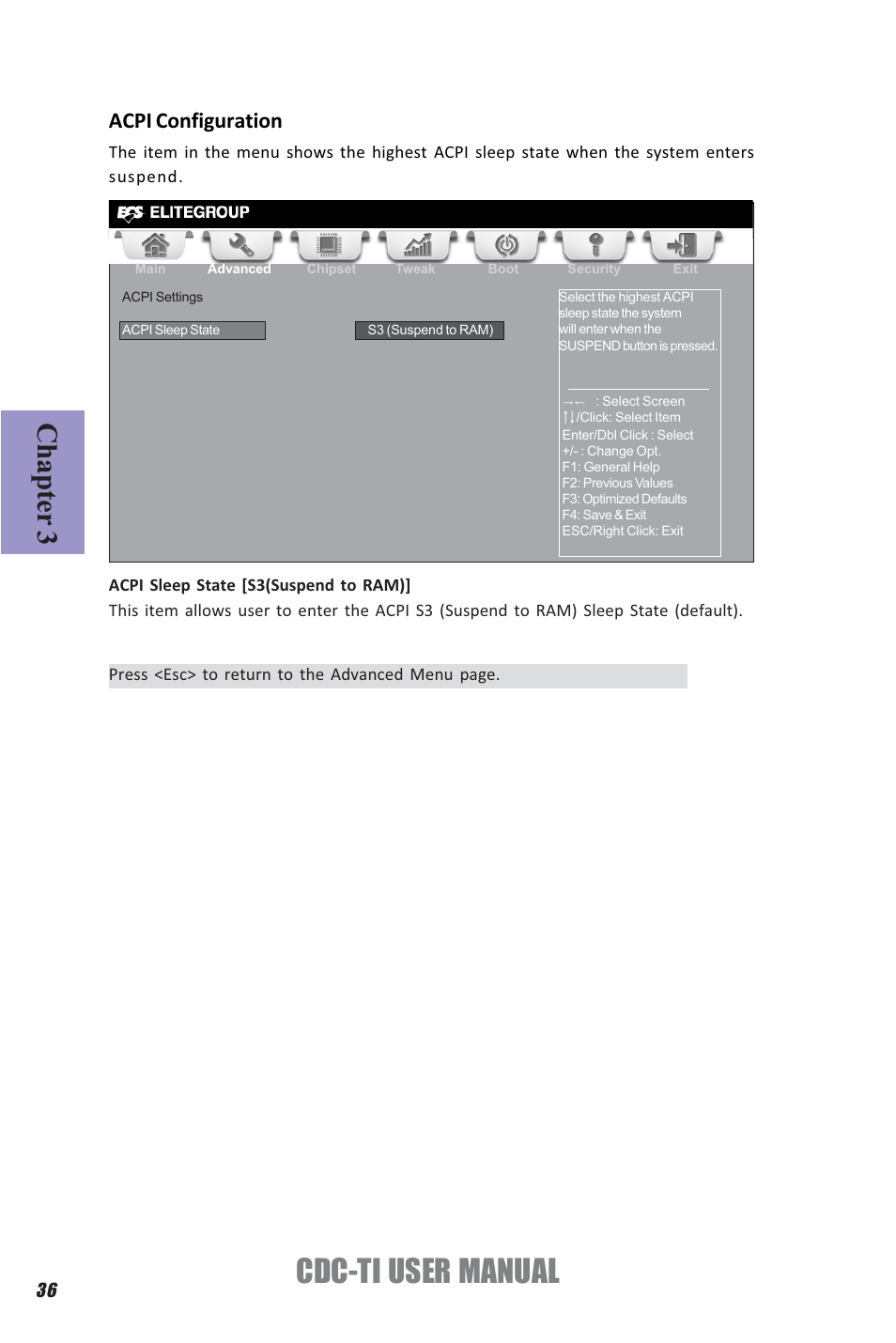 Cdc-ti user manual, Chapter 3, Acpi configuration | Elitegroup CDC-TI (V1.0A) User Manual | Page 40 / 64