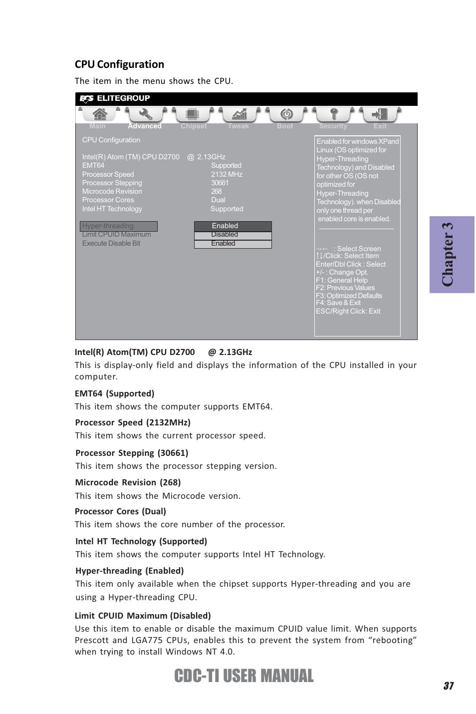 Cdc-ti user manual, Chapter 3, Cpu configuration | Elitegroup CDC-TI (V1.0A) User Manual | Page 41 / 64