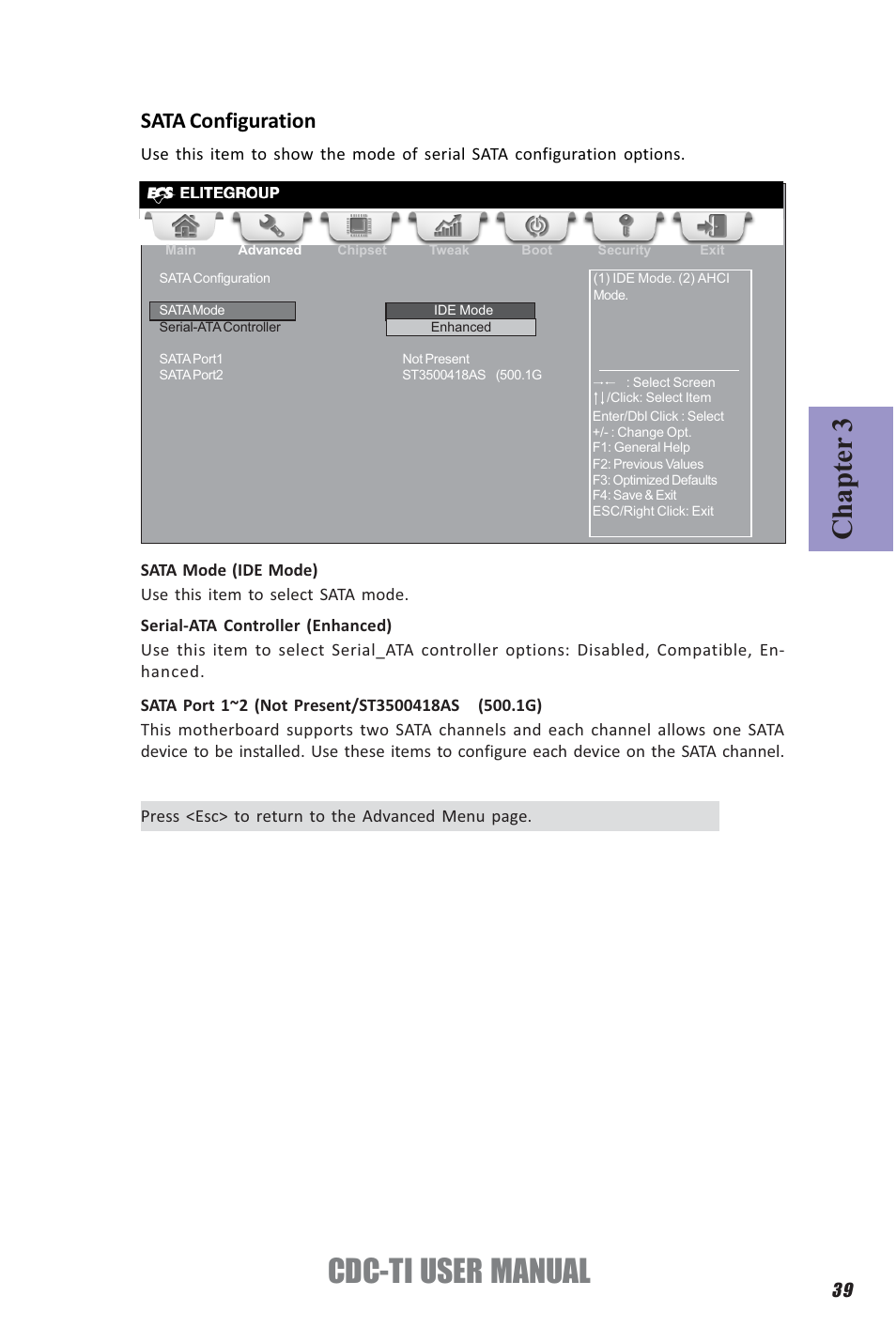 Cdc-ti user manual, Chapter 3, Sata configuration | Elitegroup CDC-TI (V1.0A) User Manual | Page 43 / 64