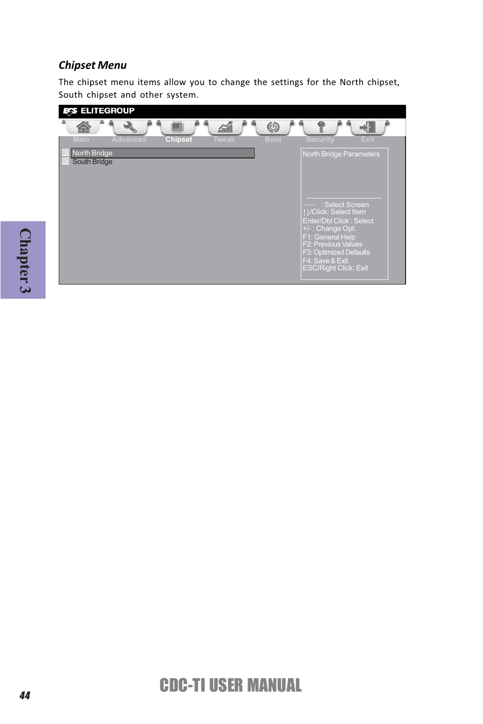 Cdc-ti user manual, Chapter 3, Chipset menu | Elitegroup CDC-TI (V1.0A) User Manual | Page 48 / 64