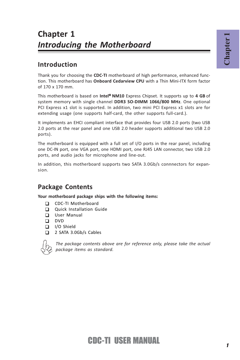 Chapter 1 introducing the motherboard, Cdc-ti user manual, Chapter 1 | Introduction, Package contents | Elitegroup CDC-TI (V1.0A) User Manual | Page 5 / 64