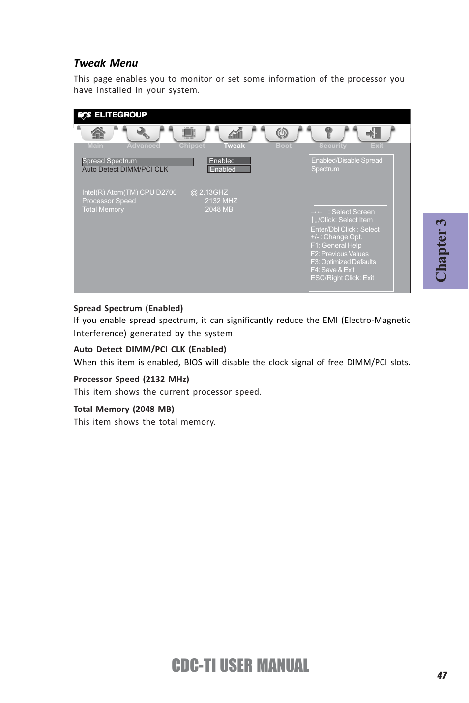 Cdc-ti user manual, Chapter 3, Tweak menu | Elitegroup CDC-TI (V1.0A) User Manual | Page 51 / 64