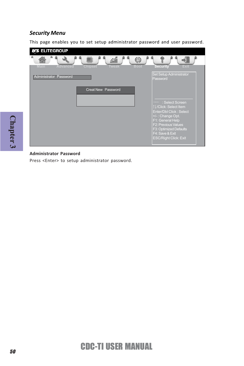 Cdc-ti user manual, Chapter 3, Security menu | Elitegroup CDC-TI (V1.0A) User Manual | Page 54 / 64