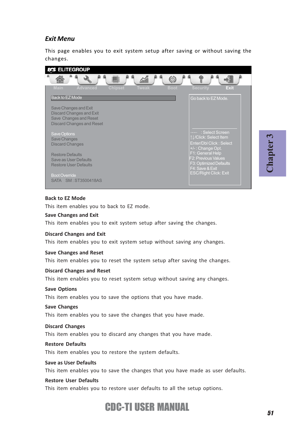 Cdc-ti user manual, Chapter 3, Exit menu | Elitegroup CDC-TI (V1.0A) User Manual | Page 55 / 64