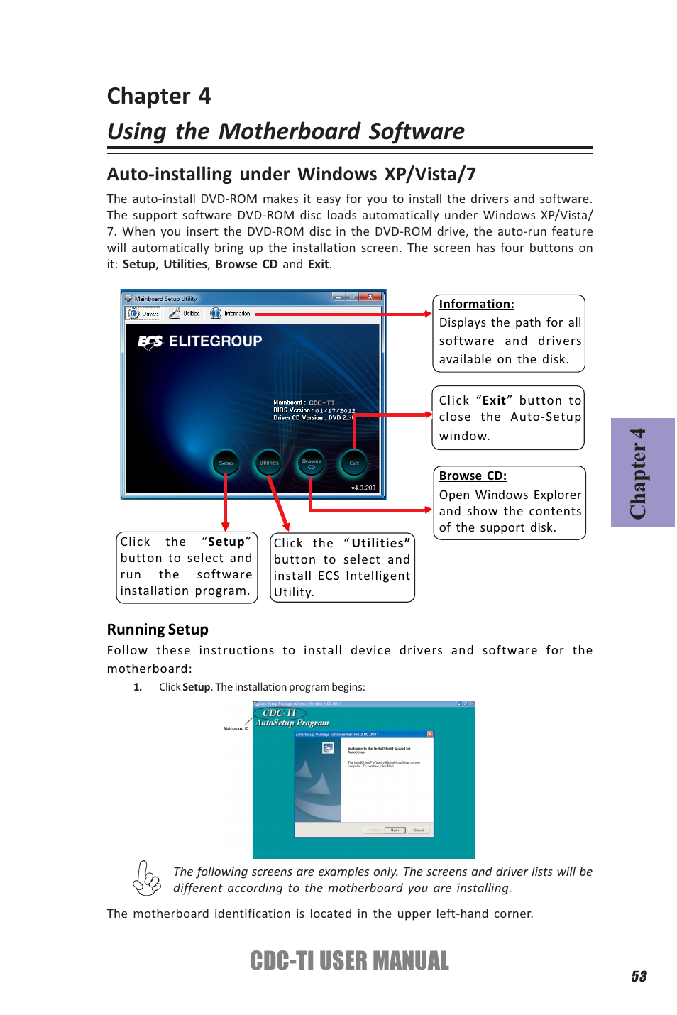 Chapter 4 using the motherboard software, Cdc-ti user manual, Chapter 4 | Auto-installing under windows xp/vista/7 | Elitegroup CDC-TI (V1.0A) User Manual | Page 57 / 64