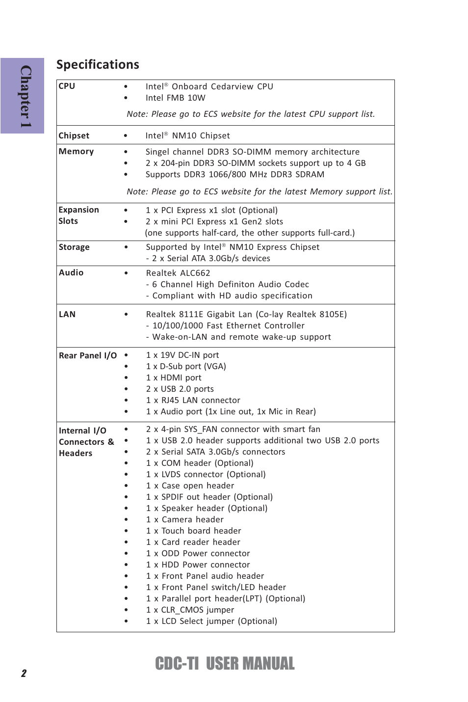 Cdc-ti user manual, Chapter 1, Specifications | Elitegroup CDC-TI (V1.0A) User Manual | Page 6 / 64