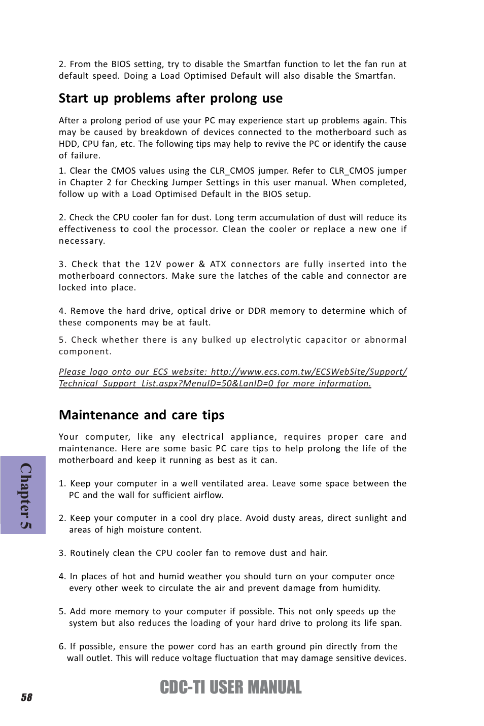 Cdc-ti user manual, Chapter 5, Start up problems after prolong use | Maintenance and care tips | Elitegroup CDC-TI (V1.0A) User Manual | Page 62 / 64