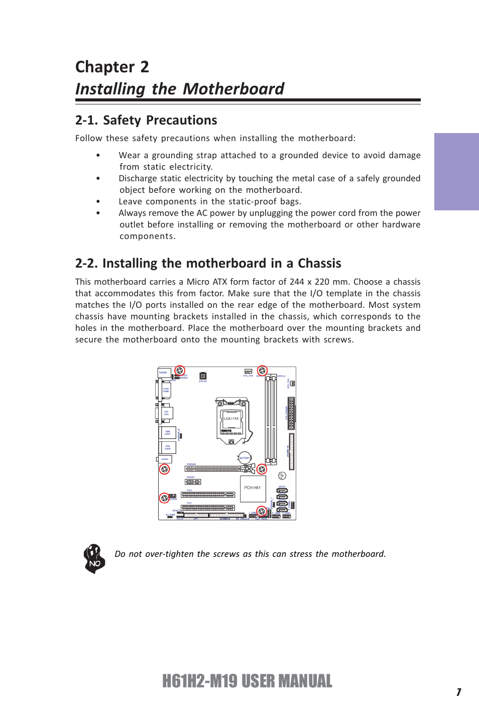 Chapter 2 installing the motherboard, Chapter 2 | Elitegroup H61H2-M19 (V1.0) User Manual | Page 11 / 88