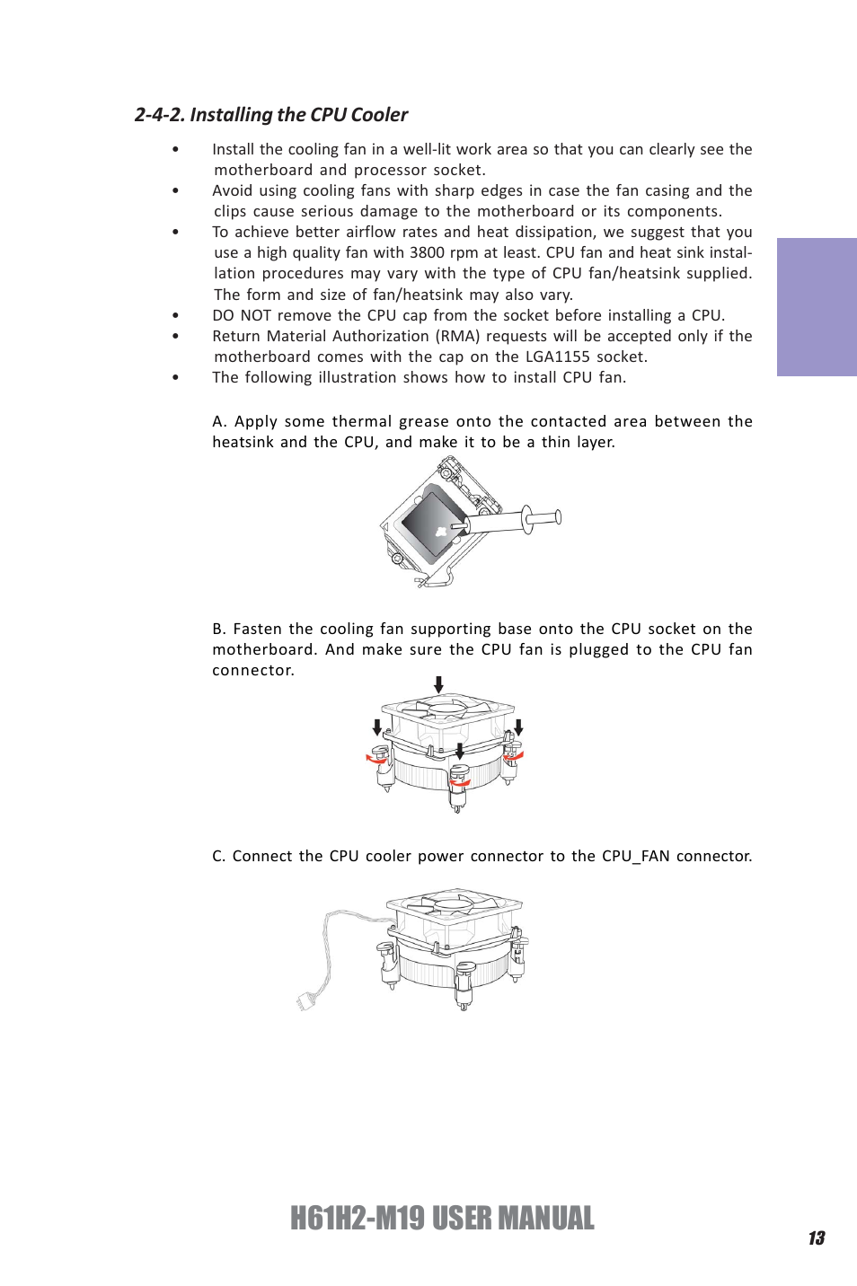 Chapter 2, 4-2. installing the cpu cooler | Elitegroup H61H2-M19 (V1.0) User Manual | Page 17 / 88