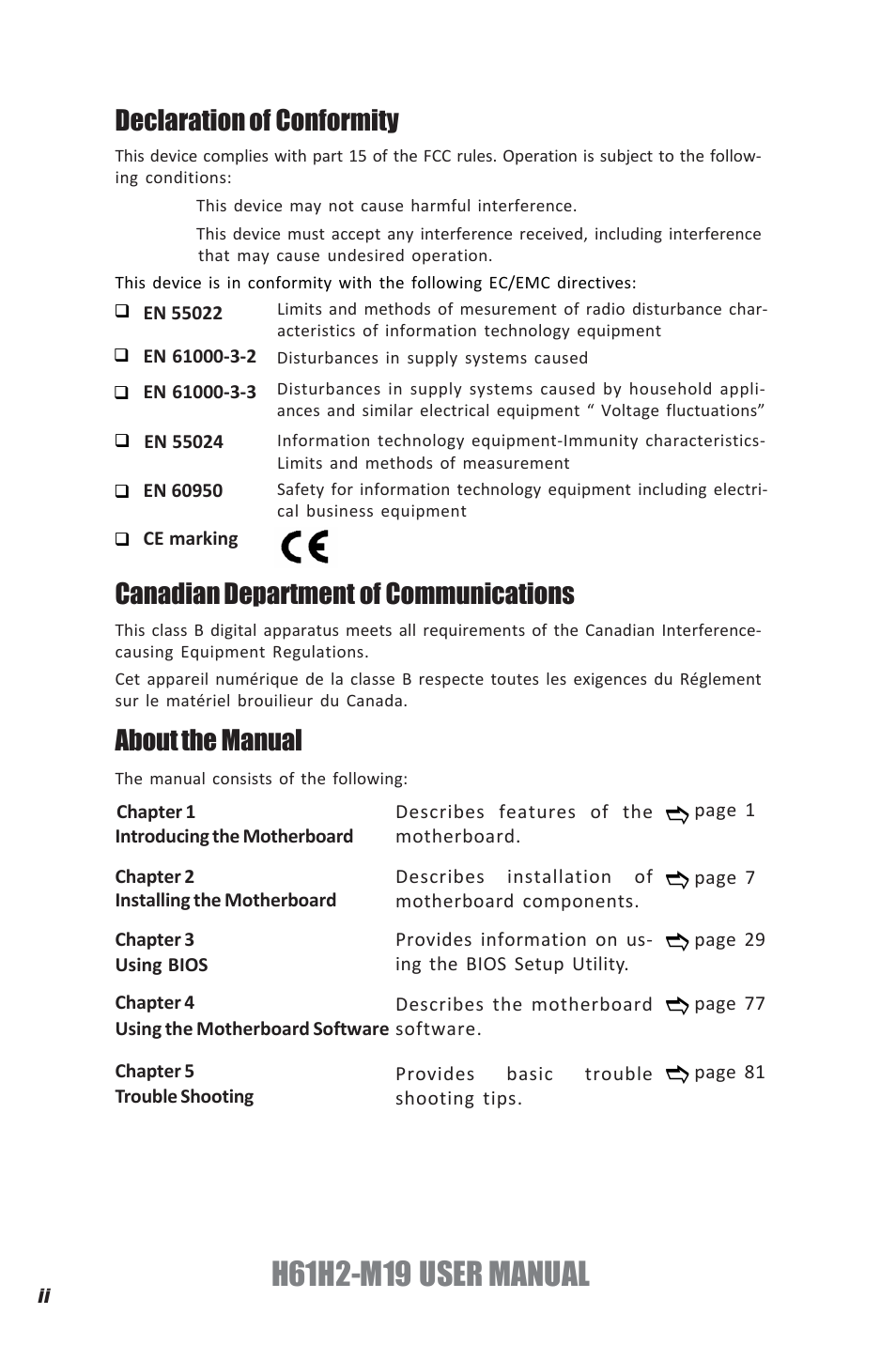 Declaration of conformity, Canadian department of communications, About the manual | Elitegroup H61H2-M19 (V1.0) User Manual | Page 2 / 88