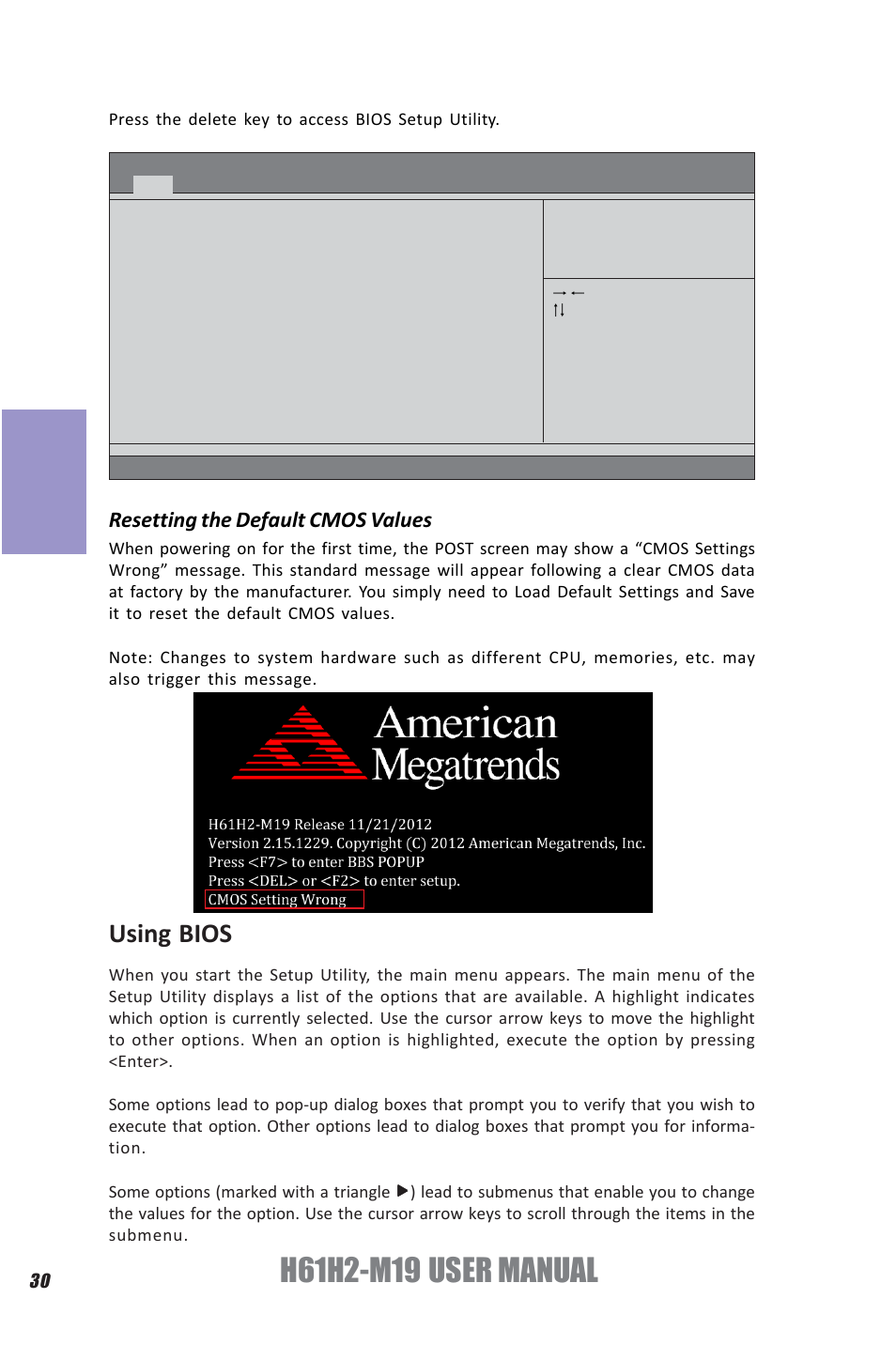 Chapter 3, Using bios, Resetting the default cmos values | Elitegroup H61H2-M19 (V1.0) User Manual | Page 34 / 88