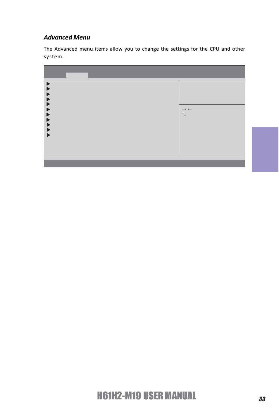 Chapter 3, Advanced menu | Elitegroup H61H2-M19 (V1.0) User Manual | Page 37 / 88