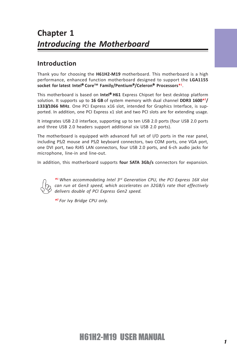 Chapter 1 introducing the motherboard, Chapter 1, Introduction | Elitegroup H61H2-M19 (V1.0) User Manual | Page 5 / 88