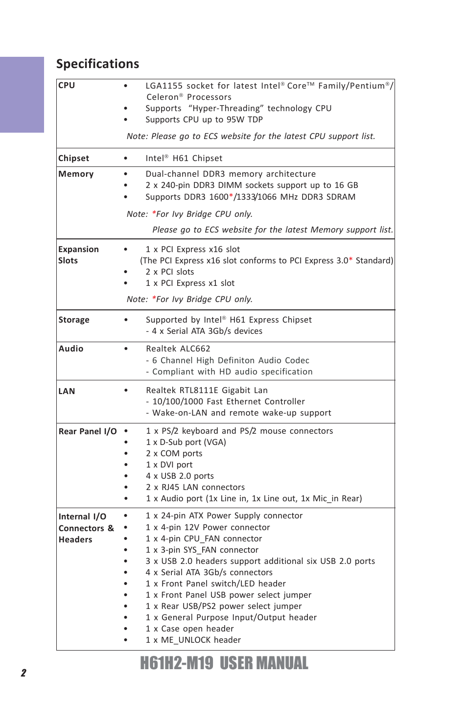 Chapter 1, Specifications | Elitegroup H61H2-M19 (V1.0) User Manual | Page 6 / 88