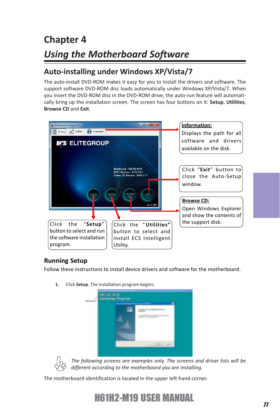 Chapter 4 using the motherboard software, Chapter 4, Auto-installing under windows xp/vista/7 | Elitegroup H61H2-M19 (V1.0) User Manual | Page 81 / 88