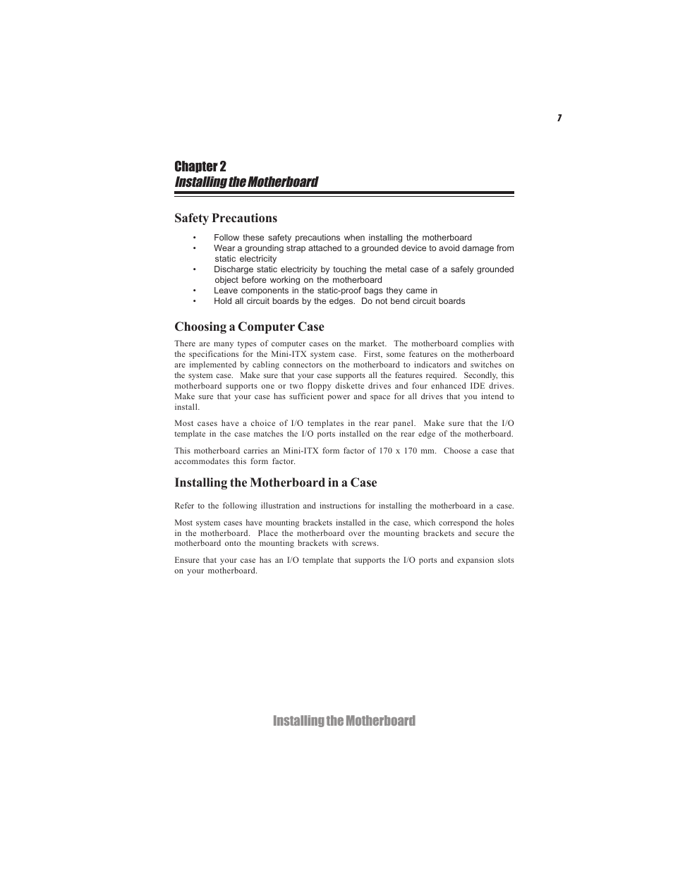 Installing the motherboard, Installing the motherboard chapter 2, Safety precautions | Choosing a computer case, Installing the motherboard in a case | Elitegroup C7VCM2 (V1.0) User Manual | Page 13 / 56