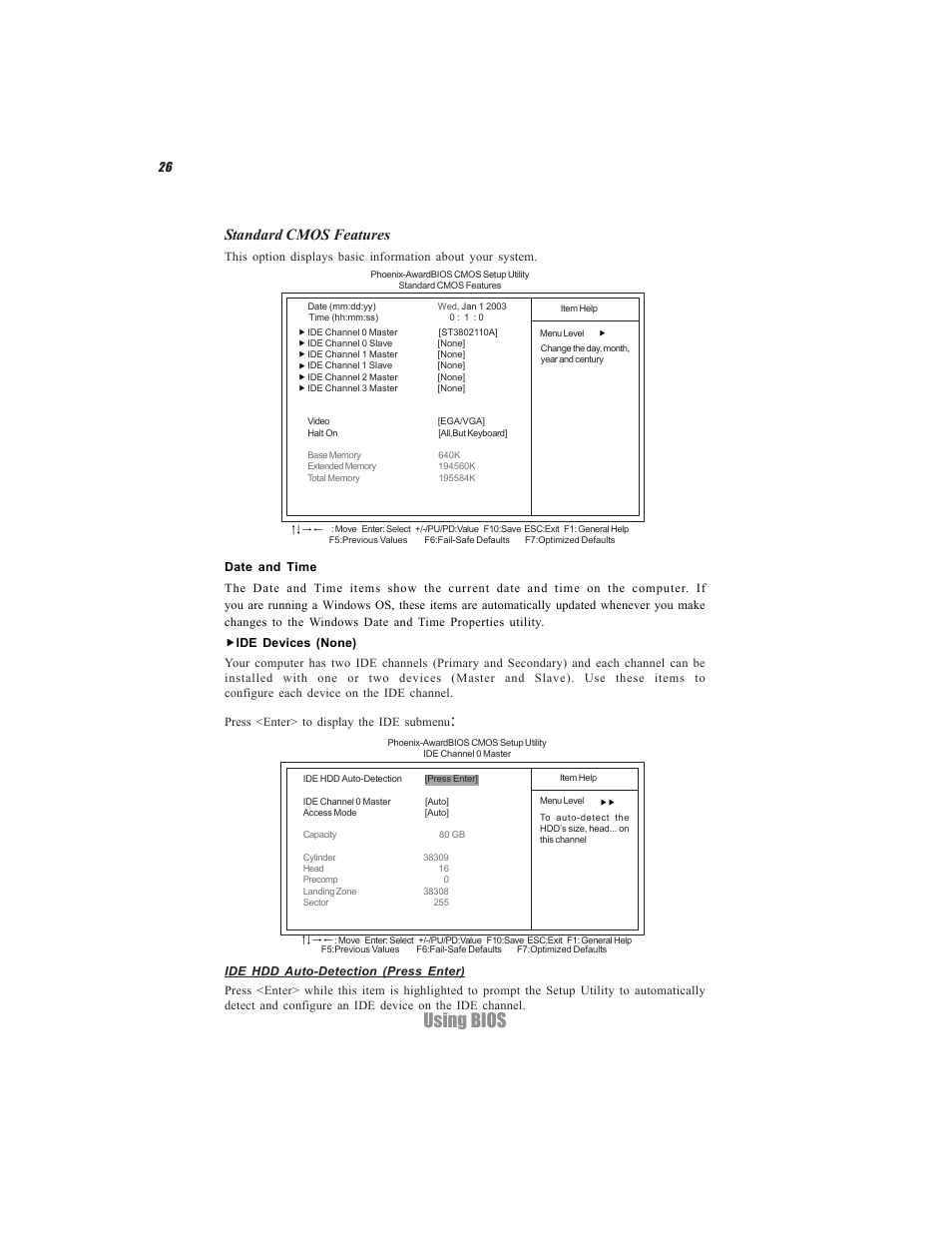 Using bios, Standard cmos features | Elitegroup C7VCM2 (V1.0) User Manual | Page 32 / 56