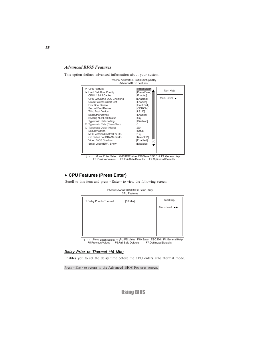 Using bios, Advanced bios features, Cpu features (press enter) | Elitegroup C7VCM2 (V1.0) User Manual | Page 34 / 56