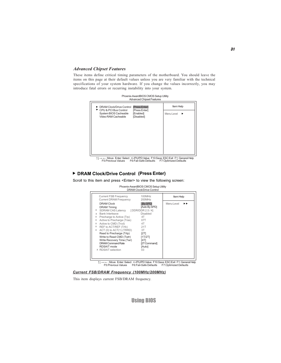 Using bios, Advanced chipset features, Dram clock/drive control | Press enter) | Elitegroup C7VCM2 (V1.0) User Manual | Page 37 / 56
