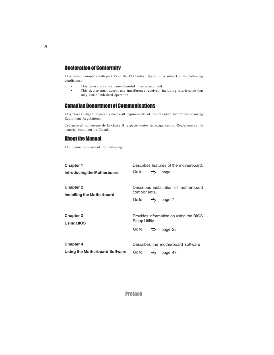 Preface declaration of conformity, Canadian department of communications, About the manual | Elitegroup C7VCM2 (V1.0) User Manual | Page 4 / 56