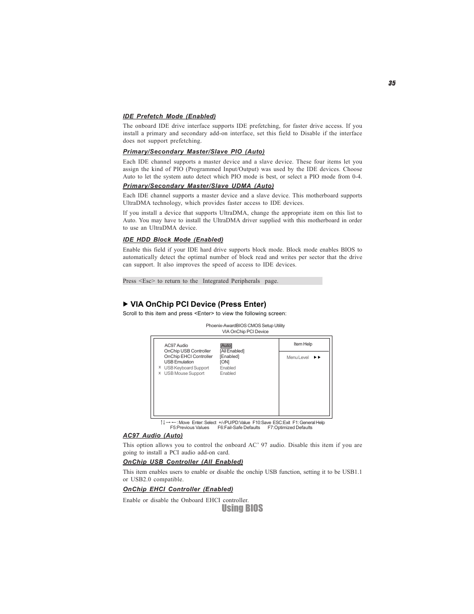 Using bios, Via onchip pci device (press enter) | Elitegroup C7VCM2 (V1.0) User Manual | Page 41 / 56