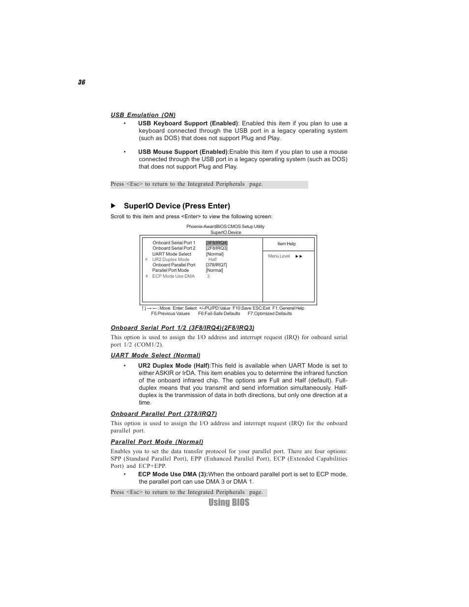 Using bios, Superio device (press enter) | Elitegroup C7VCM2 (V1.0) User Manual | Page 42 / 56
