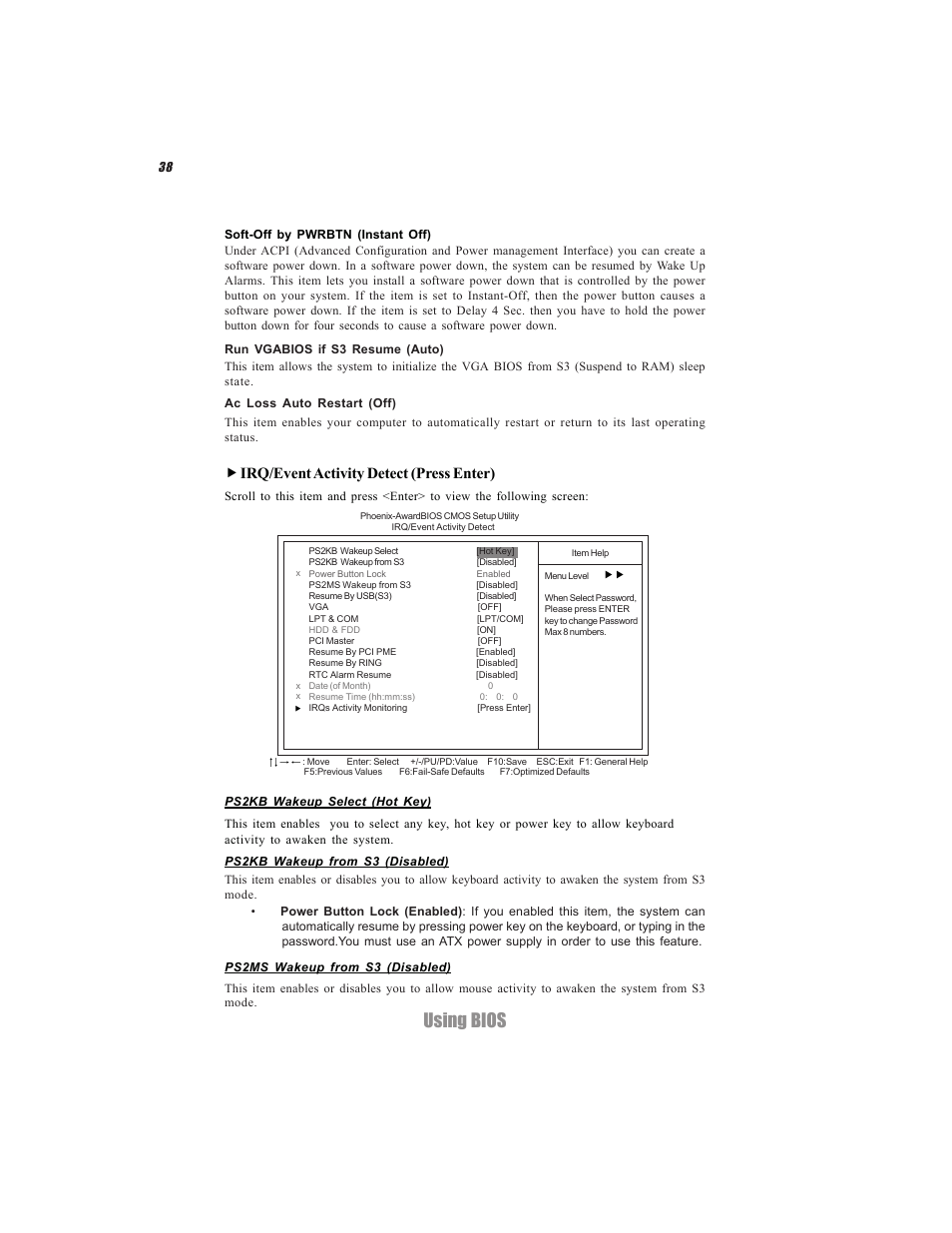 Using bios, Irq/event activity detect (press enter) | Elitegroup C7VCM2 (V1.0) User Manual | Page 44 / 56