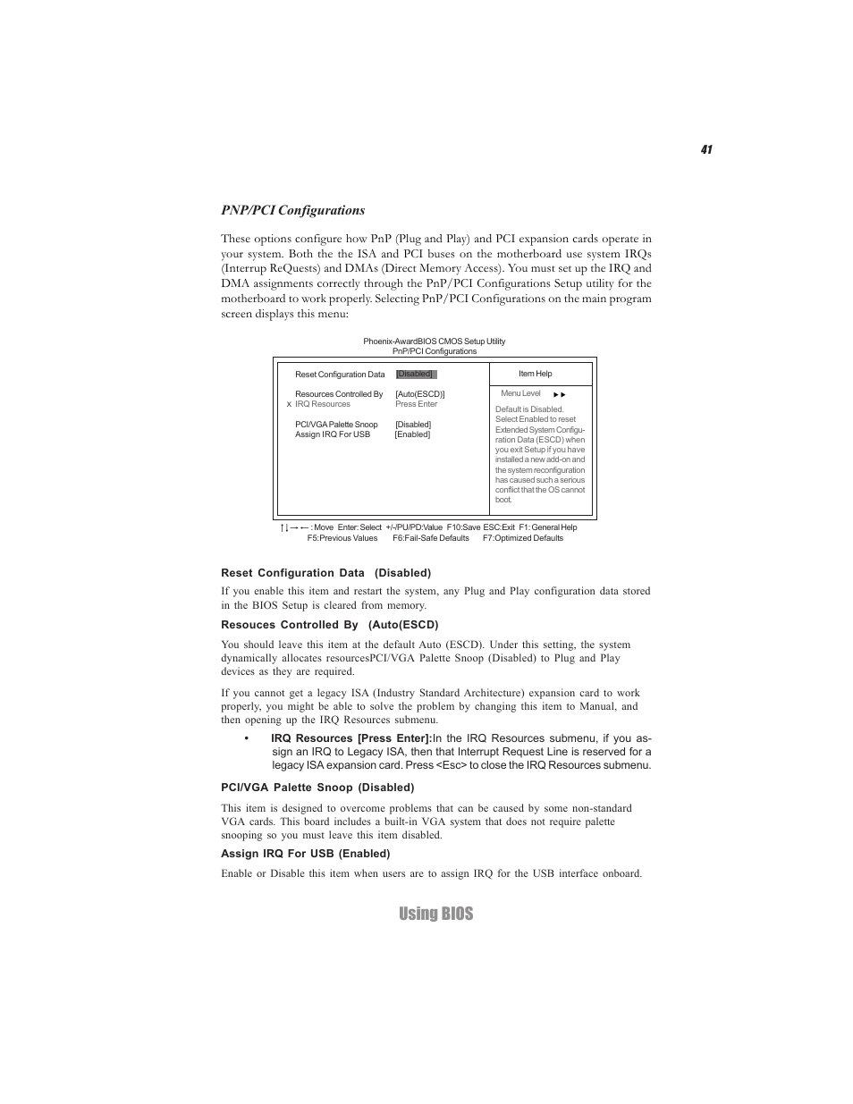 Using bios, Pnp/pci configurations | Elitegroup C7VCM2 (V1.0) User Manual | Page 47 / 56
