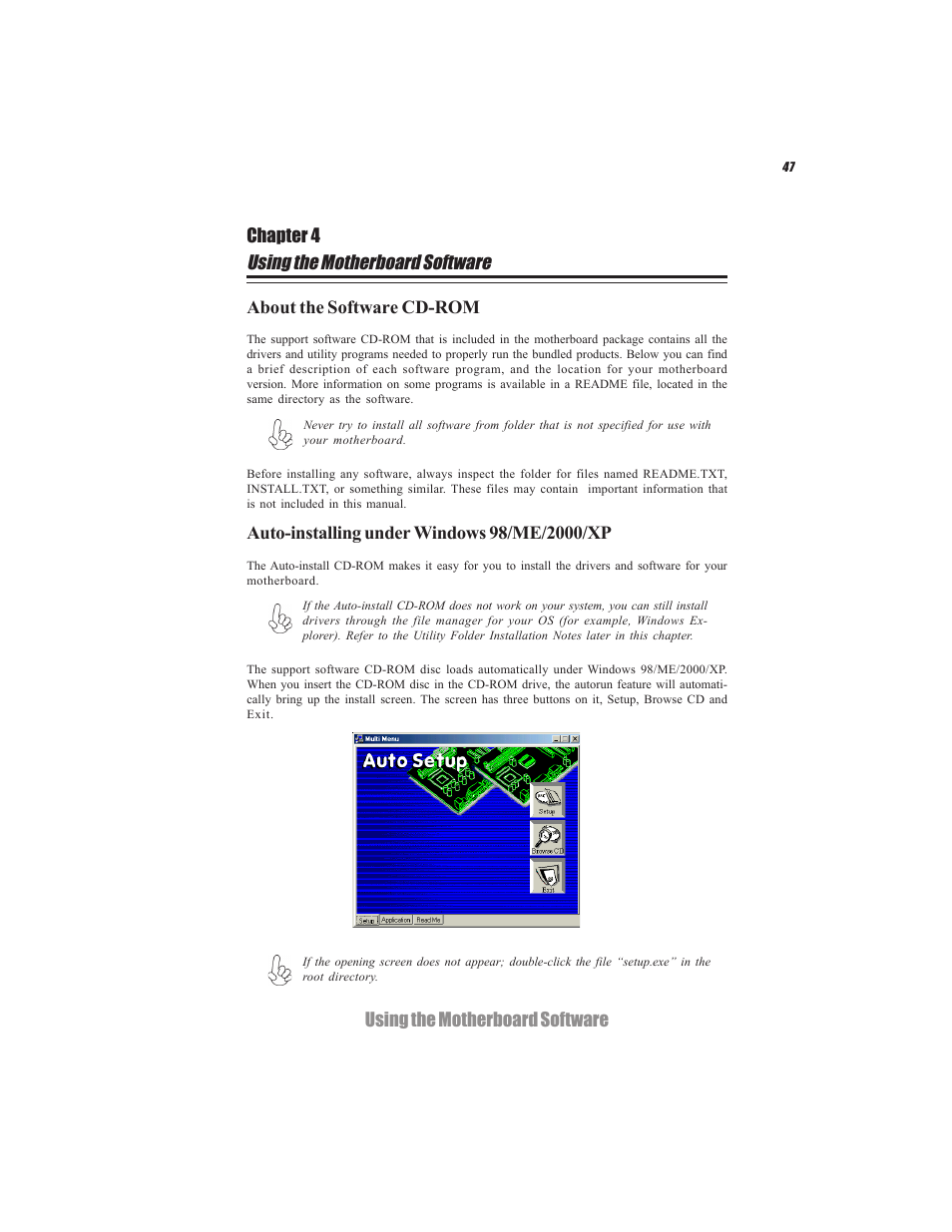 Using the motherboard software, Using the motherboard software chapter 4, About the software cd-rom | Elitegroup C7VCM2 (V1.0) User Manual | Page 53 / 56